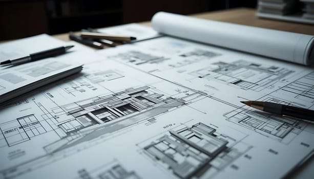 Drafted dreams sprawl across worn parchment, whispering of future homes. Pencils linger, poised to etch new lines, while sunlight caresses each precise mark. Hope and anticipation fill the air, as visions come alive, one line at a time.