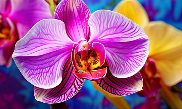 Vibrant orchids in yellow and purple hues with lush green leaves against dark starry background, creating enchanting floral scene perfect for nature-inspired designs and decor projects