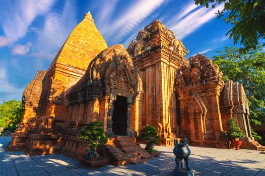 Po Nagar Cham Towers in Nha Trang in Vietnam. Famous tourist landmark with heritage ancient ruins of the Cham temple