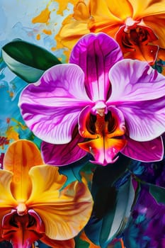 Vibrant orchids in yellow and purple hues with lush green leaves against dark starry background, creating enchanting floral scene perfect for nature-inspired designs and decor projects