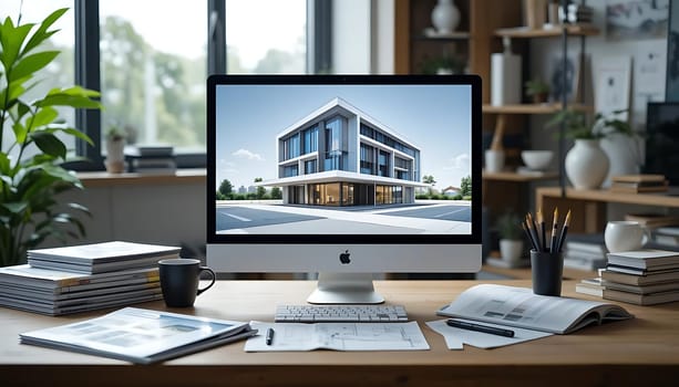 A serene workspace bathed in sunlight, where creativity flows like the nearby breeze. The modern building on screen dreams of future horizons. Coffee's aroma mingles with fresh pages, inviting inspiration. Calm, focused energy fills the air, a sanctuary of imagination.