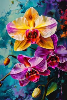 Vibrant orchids in yellow and purple hues with lush green leaves against dark starry background, creating enchanting floral scene perfect for nature-inspired designs and decor projects