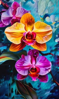 Vibrant orchids in yellow and purple hues with lush green leaves against dark starry background, creating enchanting floral scene perfect for nature-inspired designs and decor projects