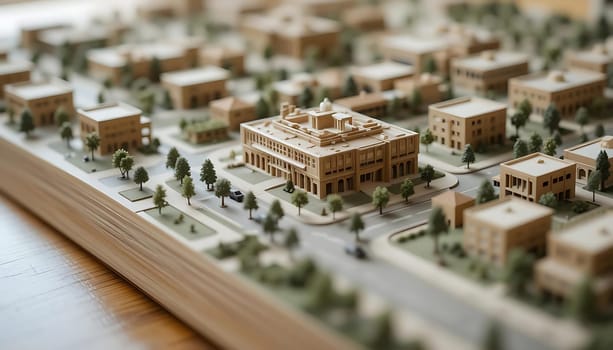 Amidst a sea of miniature buildings, the grand central edifice stands resolute, a beacon of craftsmanship. Tiny trees whisper tales of meticulous design. The muted hues and intricate details evoke a sense of quiet wonder and nostalgic charm, inviting dreams of bustling streets reduced to a tabletop utopia.