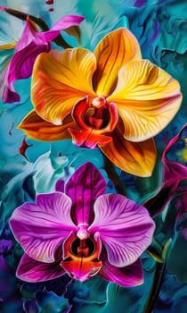 Vibrant orchids in yellow and purple hues with lush green leaves against dark starry background, creating enchanting floral scene perfect for nature-inspired designs and decor projects