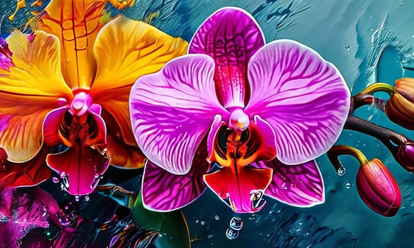 Exotic yellow and purple orchids with delicate petals and rich green foliage, set against deep starry backdrop, offering blend of elegance and beauty for floral art enthusiasts