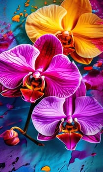 Exotic yellow and purple orchids with delicate petals and rich green foliage, set against deep starry backdrop, offering blend of elegance and beauty for floral art enthusiasts