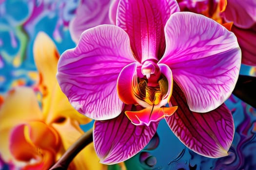 Exotic yellow and purple orchids with delicate petals and rich green foliage, set against deep starry backdrop, offering blend of elegance and beauty for floral art enthusiasts