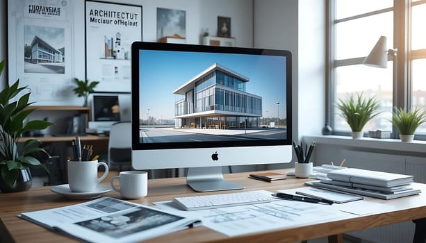 In a sunlit architect's haven, creativity flows like the steam from a coffee mug. Crisp blueprints whisper of dreams, while a modern building stands proudly on a screen. Inspiration breathes in every detail, inviting the calm focus of creation.