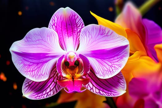 Exotic yellow and purple orchids with delicate petals and rich green foliage, set against deep starry backdrop, offering blend of elegance and beauty for floral art enthusiasts