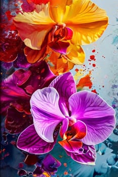 Exotic yellow and purple orchids with delicate petals and rich green foliage, set against deep starry backdrop, offering blend of elegance and beauty for floral art enthusiasts