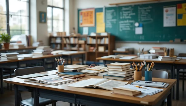 A hushed, sunlit classroom waits, echoing with the ghosts of lessons past. Chalk dust lingers, books lay open, dreams suspended in the quiet, expectant air.
