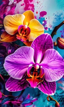 Exotic yellow and purple orchids with delicate petals and rich green foliage, set against deep starry backdrop, offering blend of elegance and beauty for floral art enthusiasts