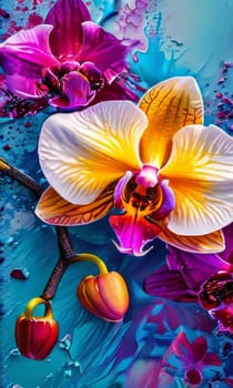 Exotic yellow and purple orchids with delicate petals and rich green foliage, set against deep starry backdrop, offering blend of elegance and beauty for floral art enthusiasts