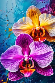 Exotic yellow and purple orchids with delicate petals and rich green foliage, set against deep starry backdrop, offering blend of elegance and beauty for floral art enthusiasts