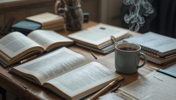 Amidst a dance of steam from a ceramic mug, aged books lie open, their secrets whispered in faded ink. The room's warm, worn wood sighs with stories, while the soft glow invites quiet contemplation. A sanctuary of thoughts and time, each page a journey, each sip a pause in life's hurried pace.