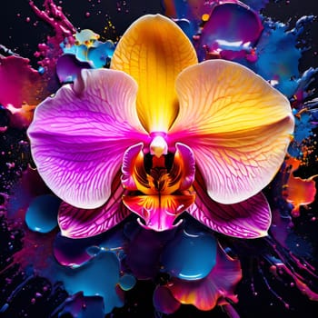 Exotic yellow and purple orchids with delicate petals and rich green foliage, set against deep starry backdrop, offering blend of elegance and beauty for floral art enthusiasts