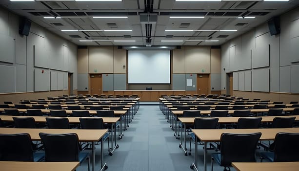 Empty chairs echo silence in the sterile hall, fluorescent lights casting shadows where laughter should be. The vacant space aches with a quiet longing, awaiting the buzz of minds and whispers of knowledge.