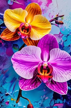Exotic yellow and purple orchids with delicate petals and rich green foliage, set against deep starry backdrop, offering blend of elegance and beauty for floral art enthusiasts
