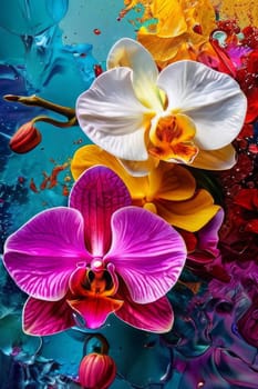Exotic yellow and purple orchids with delicate petals and rich green foliage, set against deep starry backdrop, offering blend of elegance and beauty for floral art enthusiasts