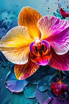 Exotic yellow and purple orchids with delicate petals and rich green foliage, set against deep starry backdrop, offering blend of elegance and beauty for floral art enthusiasts