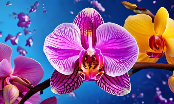 Exotic yellow and purple orchids with delicate petals and rich green foliage, set against deep starry backdrop, offering blend of elegance and beauty for floral art enthusiasts