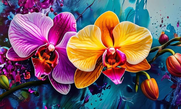 Exotic yellow and purple orchids with delicate petals and rich green foliage, set against deep starry backdrop, offering blend of elegance and beauty for floral art enthusiasts