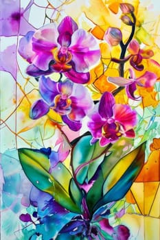 Beautifully detailed orchids in yellow and purple shades with vivid green leaves, on dark starry canvas, ideal for floral-themed designs and creative projects seeking elegance