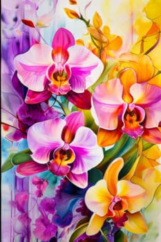 Beautifully detailed orchids in yellow and purple shades with vivid green leaves, on dark starry canvas, ideal for floral-themed designs and creative projects seeking elegance