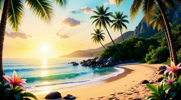 A beautiful beach scene with a sunset in the background. The beach is surrounded by palm trees and there are rocks in the water. Scene is peaceful and relaxing