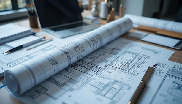 Blueprints sprawl across a cluttered desk, pencils and coffee cups scattered. Sunlight filters through, casting shadows of ambition. The air is thick with dreams and tireless nights, a silent symphony of creation.