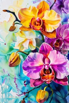 Beautifully detailed orchids in yellow and purple shades with vivid green leaves, on dark starry canvas, ideal for floral-themed designs and creative projects seeking elegance