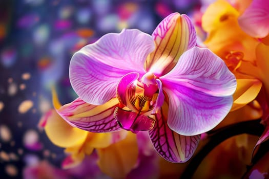 Beautifully detailed orchids in yellow and purple shades with vivid green leaves, on dark starry canvas, ideal for floral-themed designs and creative projects seeking elegance