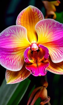 Beautifully detailed orchids in yellow and purple shades with vivid green leaves, on dark starry canvas, ideal for floral-themed designs and creative projects seeking elegance