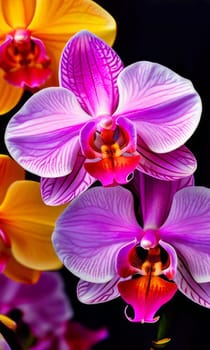 Beautifully detailed orchids in yellow and purple shades with vivid green leaves, on dark starry canvas, ideal for floral-themed designs and creative projects seeking elegance