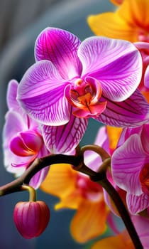 Beautifully detailed orchids in yellow and purple shades with vivid green leaves, on dark starry canvas, ideal for floral-themed designs and creative projects seeking elegance