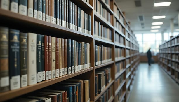 Rows of silent stories whisper secrets in the hushed library air. Dust motes dance in soft light, as solitude and curiosity intertwine. Peaceful, yet alive with knowledge, the scene beckons, promising endless journeys within.