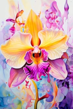 Beautifully detailed orchids in yellow and purple shades with vivid green leaves, on dark starry canvas, ideal for floral-themed designs and creative projects seeking elegance
