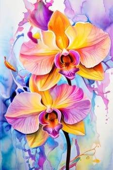 Beautifully detailed orchids in yellow and purple shades with vivid green leaves, on dark starry canvas, ideal for floral-themed designs and creative projects seeking elegance