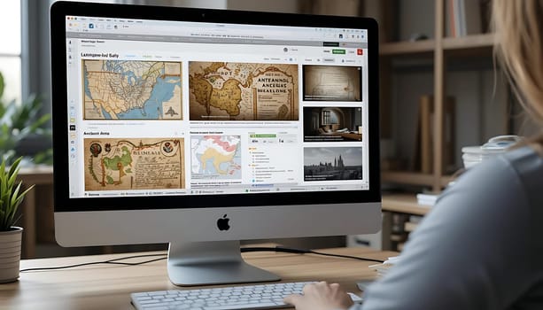 In a cozy, sunlit study, a woman delves into digital history, fingers dancing on keys. Antique maps and faded parchment unfold onscreen, whispering tales of yesteryears. The room, warm with wooden shelves and green plants, echoes quiet contemplation. Time feels suspended, as past and present entwine in curious exploration.