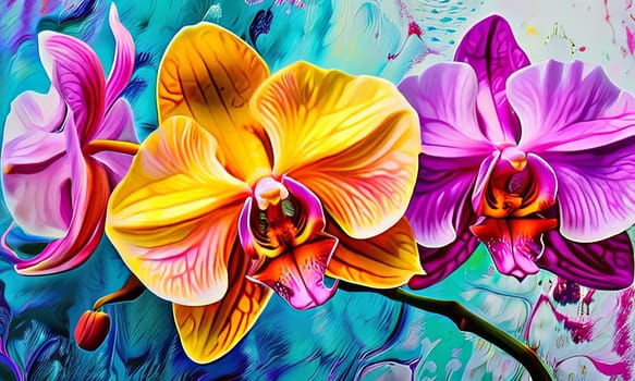 Beautifully detailed orchids in yellow and purple shades with vivid green leaves, on dark starry canvas, ideal for floral-themed designs and creative projects seeking elegance