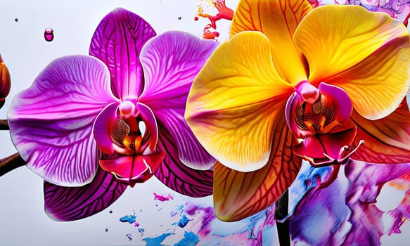 Beautifully detailed orchids in yellow and purple shades with vivid green leaves, on dark starry canvas, ideal for floral-themed designs and creative projects seeking elegance