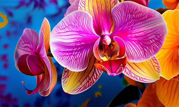 Beautifully detailed orchids in yellow and purple shades with vivid green leaves, on dark starry canvas, ideal for floral-themed designs and creative projects seeking elegance