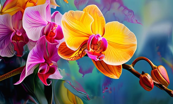 Captivating image of yellow and purple orchids with lush green leaves, set against rich starry background, perfect for adding elegance and natures beauty to creative projects