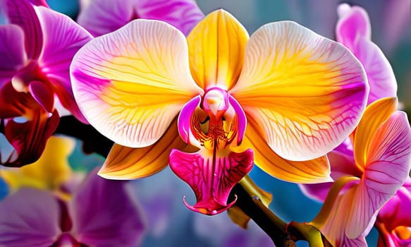 Captivating image of yellow and purple orchids with lush green leaves, set against rich starry background, perfect for adding elegance and natures beauty to creative projects