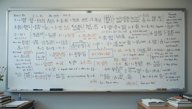 Intricate equations dance across a cluttered board, echoing the silent struggle of intellectual pursuit. Books lie scattered, haunted by ghosts of late-night studies. A shimmering water bottle hints at endless hours, fueling the relentless march toward enlightenment.