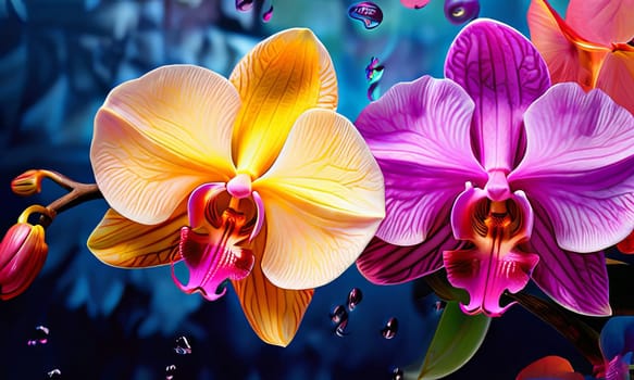 Captivating image of yellow and purple orchids with lush green leaves, set against rich starry background, perfect for adding elegance and natures beauty to creative projects