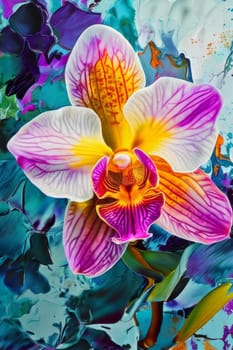 Captivating image of yellow and purple orchids with lush green leaves, set against rich starry background, perfect for adding elegance and natures beauty to creative projects