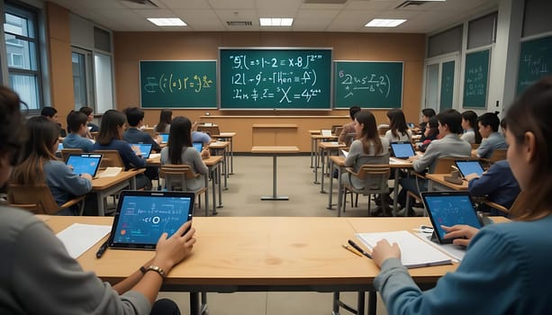 In a quiet, wood-paneled classroom, students hunch over laptops, fingers tapping softly. The air hums with concentration, chalk dust mingling with the faint scent of coffee. Anxious whispers and the occasional sigh punctuate the tense atmosphere of an upcoming exam.