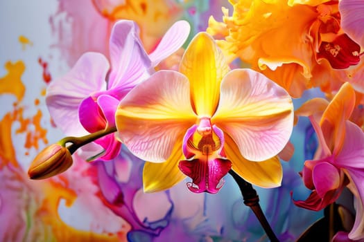 Captivating image of yellow and purple orchids with lush green leaves, set against rich starry background, perfect for adding elegance and natures beauty to creative projects